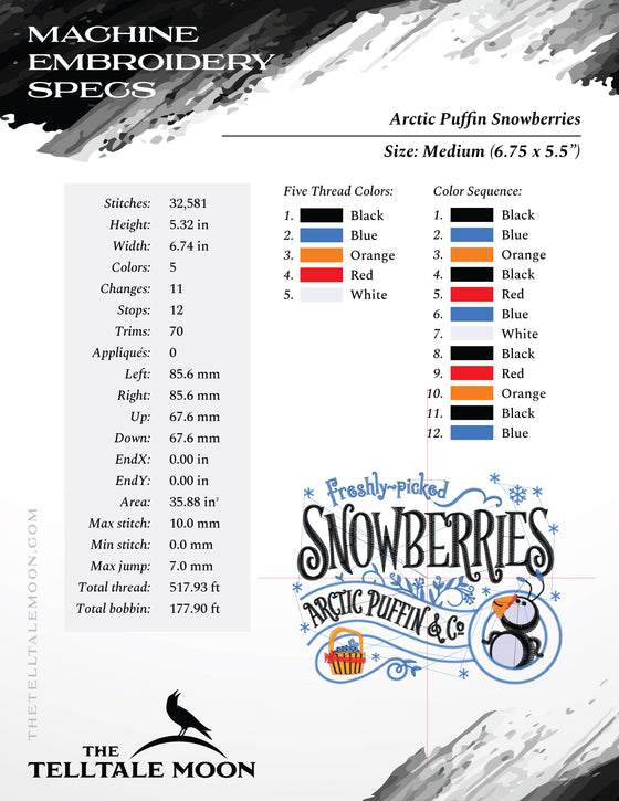 Machine Embroidery: "Arctic Puffin Snowberries" Design (5 Colors, 6.5 and 7.5 Inches Wide)