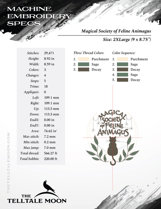 Embroidery: Wizarding Society of Feline Animagus - Five Sizes 5 to 9 Inches