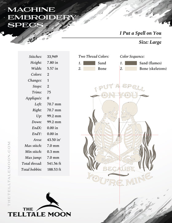Machine Embroidery: Gothic Skeleton Couple "I Put a Spell On You" Design (6.9 and 7.8 Inches, Two Thread Colors)