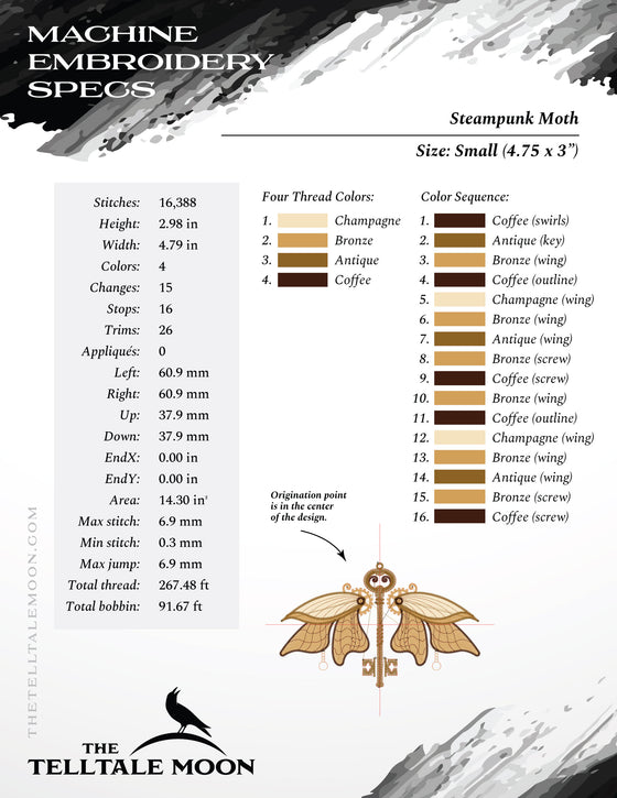 Embroidery: Steampunk Moth - 4, 5, 6, 7, and 8 Inch Versions