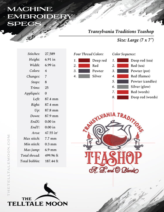 Embroidery: Transylvania Teashop (Four Sizes Between 4 and 7 Inches)