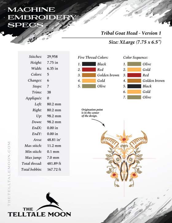 Embroidery: Ornate Goat Skull in Six Sizes - 4 to 9 Inches Tall