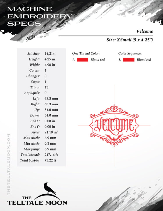 Embroidery Files: "Velcome" Vampire Theme in Four Sizes (5, 6, 7, and 8 Inches)