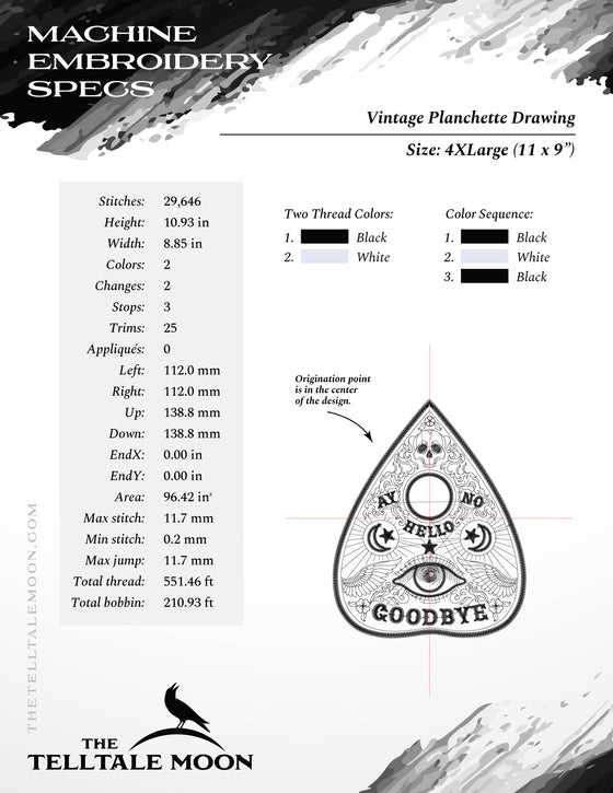 Embroidery: Drawing of a Ouija Planchette - Eight Sizes 5 to 12 Inches Tall