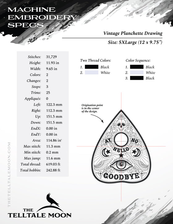 Embroidery: Drawing of a Ouija Planchette - Eight Sizes 5 to 12 Inches Tall