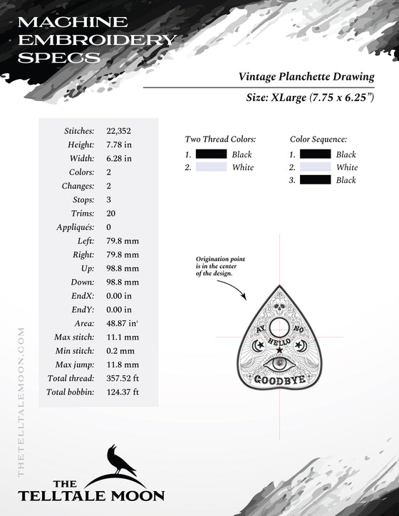Embroidery: Drawing of a Ouija Planchette - Eight Sizes 5 to 12 Inches Tall