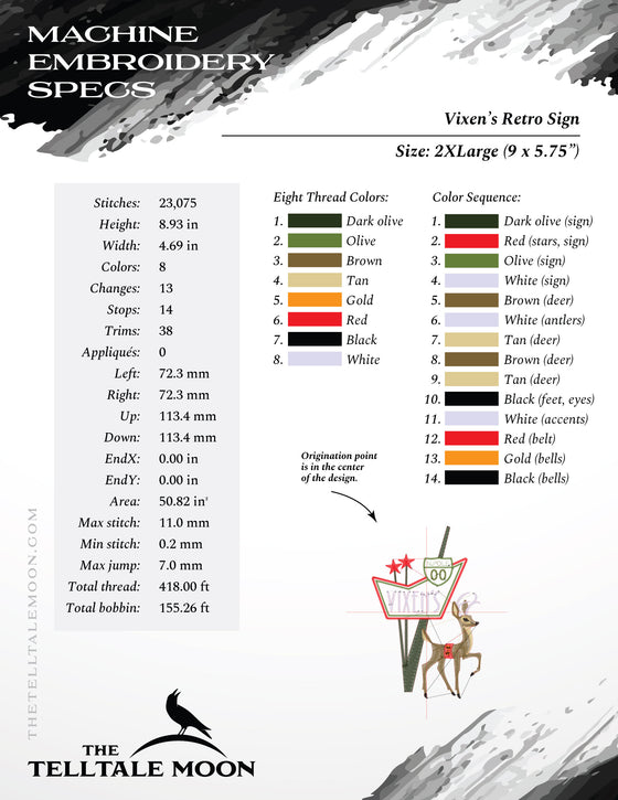 Embroidery: "Vixen's" Midcentury Retro Sign - Eight Sizes Between 4 and 12 Inches Tall
