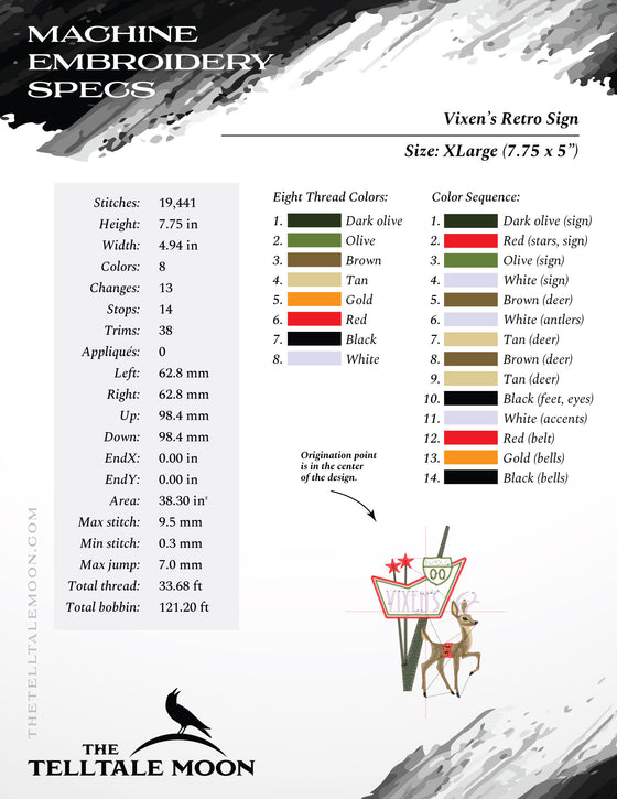 Embroidery: "Vixen's" Midcentury Retro Sign - Eight Sizes Between 4 and 12 Inches Tall