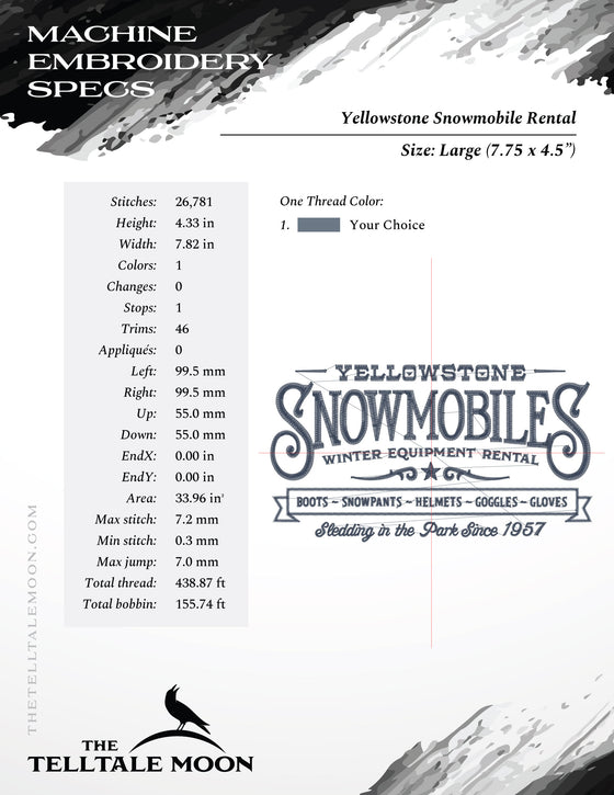 Machine Embroidery Files: "Yellowstone Snowmobile Rental" (7.5, 8, and 9.5 Inches Wide)