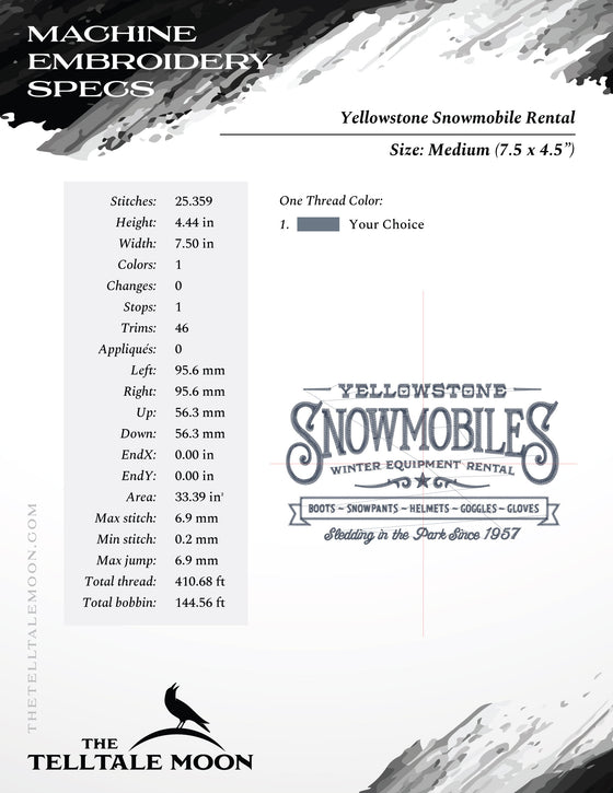 Machine Embroidery Files: "Yellowstone Snowmobile Rental" (7.5, 8, and 9.5 Inches Wide)