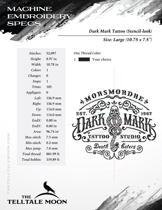 Embroidery: Dark Mark Tattoo (Stencil-style) - 7, 8, 9, 10, and 12 Inches - One Thread Color