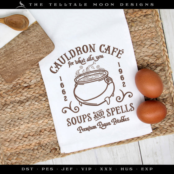 Embroidery: "Cauldron Cafe" Design - Five Sizes Just Under 6, 7, 8, 9, and 10 Inches Tall