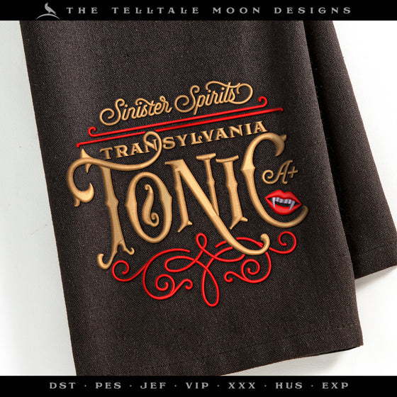 Embroidery: Vintage-style Transylvania Tonic Label (5 and 6 Inches Wide; Three Thread Colors)