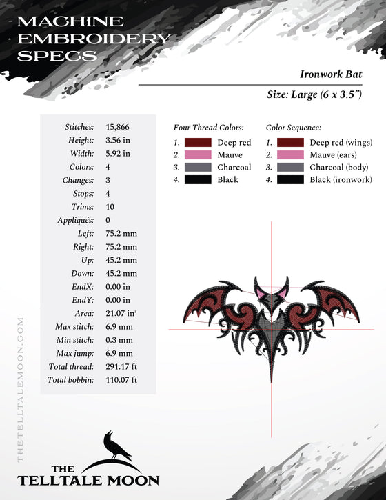 Embroidery: Gothic-style Ironwork Bat in Four Sizes Between 4 and 7 Inches Tall (Four Thread Colors)