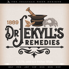  Embroidery: "Dr. Jekyll's Remedies" Vintage Style- 4.75, 5.5, 6 Inches Wide - Plus a Drink Cozy Pattern