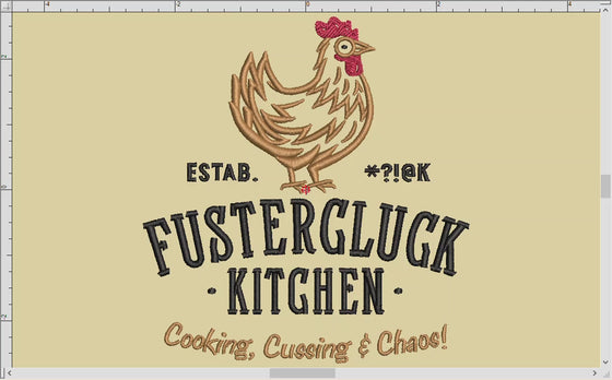 Machine Embroidery: "Fustercluck Kitchen" Humor (Five Sizes 5.5 to 9.5 Inches Tall; Three Thread Colors)