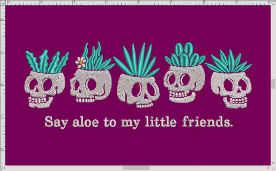 Embroidery: "Say Aloe" Skull Planter Design - 6, 7, 8, 9, 10, and 11.5 Inches Wide - Up to Three Thread Colors