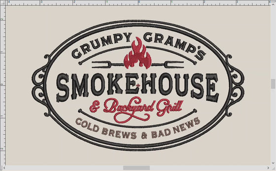 Machine Embroidery: "Grumpy Gramp's Smokehouse" For Grandpa's Backyard Barbecue (Four Sizes, Three Thread Colors)