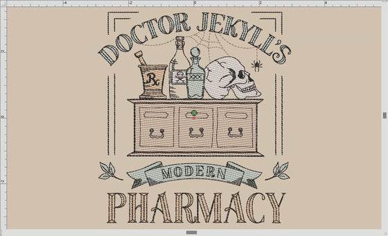 Embroidery: "Doctor Jekyll's Modern Pharmacy" Sketch-style in Five Sizes