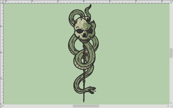 Machine Embroidery Files: Dark Mark Skull with Snake and Wand (6.9 and 7.5 Inches, 4 Thread Colors)