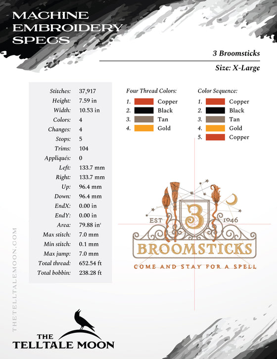 Machine Embroidery Files: "Broomsticks" (6.8, 7.8, and 10.5 Inches Wide, Four Colors)
