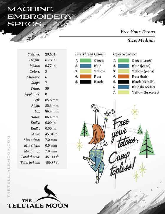 Machine Embroidery: Retro "Free Your Tetons" Outdoorsy Design (6.75 and 7.75 Inches Square, 5 Colors)