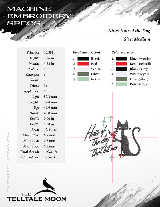 Embroidery Files: "Hair of the Dog" Kitty - 3.5, 4.5, 5.5, and 6.5 Inches Wide