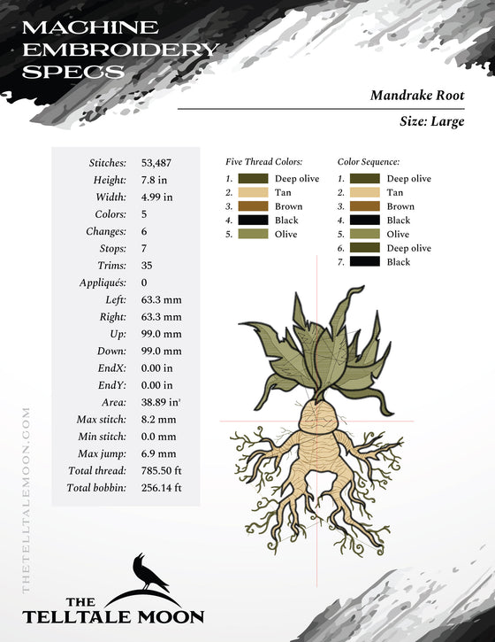 Machine Embroidery Files: Mandrake Root Art (7.8 Inches, Five Colors, Several Formats)