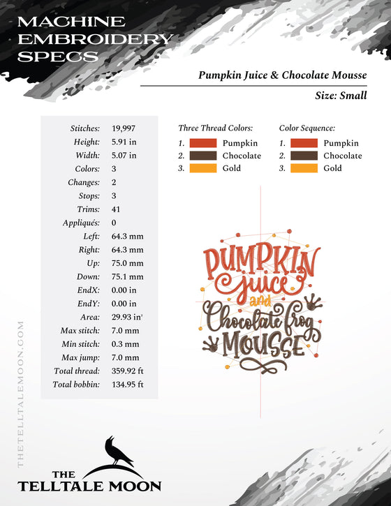 Machine Embroidery Files: "Pumpkin Juice and Chocolate Mousse" Magical Theme (5.9, 7, 7.8, 11 Inches)