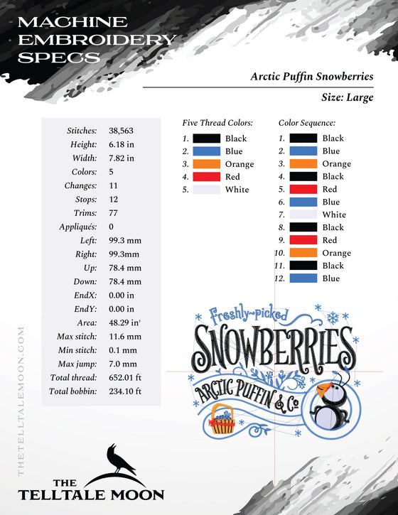 Machine Embroidery: "Arctic Puffin Snowberries" Design (5 Colors, 6.5 and 7.5 Inches Wide)