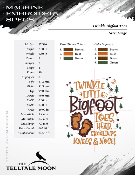 Machine Embroidery: "Twinkle Bigfoot Toes" Design (5.9, 6.5, and 7.8 Inches)