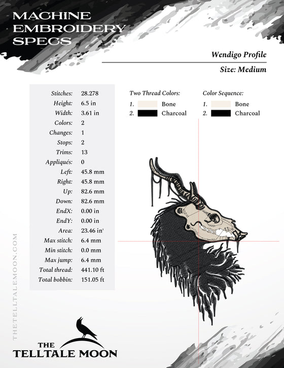 Machine Embroidery Files: Creepy Wendigo Skull Design (6.5 and 7.5 Inches Tall)
