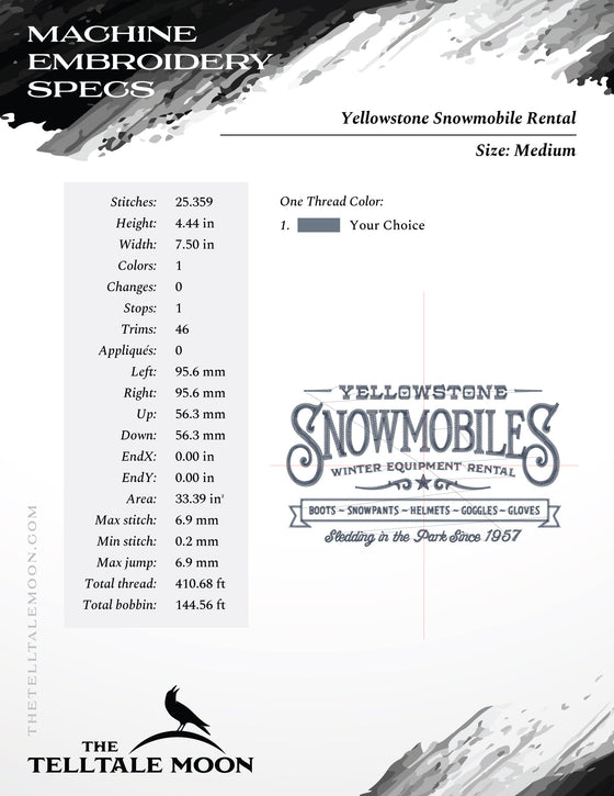 Machine Embroidery Files: "Yellowstone Snowmobile Rental" (7.5, 7.8, and 9.5 Inches Wide)