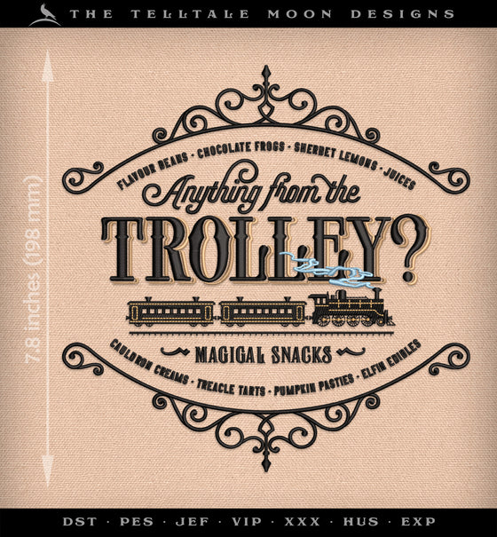 Machine Embroidery Files: "Magical Trolley Cart" Sign (Up to 7.8 Inches, 3 Thread Colors)