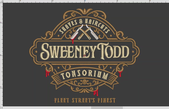 Machine Embroidery Files: "Sweeney Todd's Tonsorium" Vintage Design (6.8 and 7.8 Inches Wide)